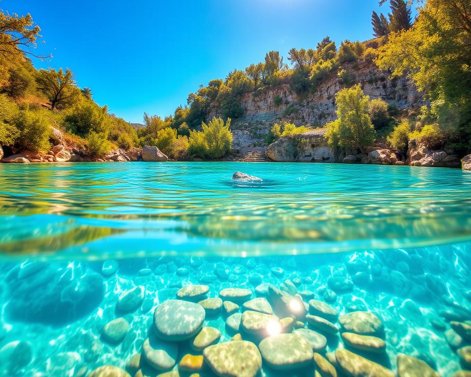 A breathtaking, high-resolution image of the Blue Eye in Albania, showcasing its mesmerizing turquoise waters surrounded by lush greenery. In the foreground, crystal-clear water reflects the vibrant blue of the sky, with small pebbles and smooth stones visible beneath the surface. The middle ground features the enchanting pool of the Blue Eye, with bright sunlight illuminating the whirlpool effect in the water. In the background, dense trees and rocky cliffs create a picturesque setting, hinting at the natural beauty of the Albanian landscape. The scene is bathed in warm, golden sunlight, evoking a sense of tranquility and wonder. Capture this scene from a slightly elevated angle, allowing for a panoramic view of the area, emphasizing the serene atmosphere and pristine nature of this hidden gem. A breathtaking, high-resolution image of the Blue Eye in Albania, showcasing its mesmerizing turquoise waters surrounded by lush greenery. In the foreground, crystal-clear water reflects the vibrant blue of the sky, with small pebbles and smooth stones visible beneath the surface. The middle ground features the enchanting pool of the Blue Eye, with bright sunlight illuminating the whirlpool effect in the water. In the background, dense trees and rocky cliffs create a picturesque setting, hinting at the natural beauty of the Albanian landscape. The scene is bathed in warm, golden sunlight, evoking a sense of tranquility and wonder. Capture this scene from a slightly elevated angle, allowing for a panoramic view of the area, emphasizing the serene atmosphere and pristine nature of this hidden gem.