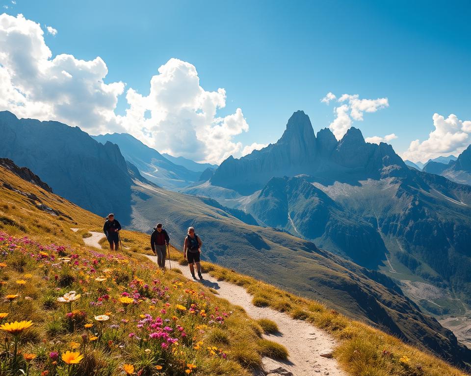 A breathtaking mountain hiking trail in the Albanian Alps, showcasing a winding path lined with vibrant wildflowers in the foreground. The middle ground includes hikers dressed in modest outdoor attire, joyfully exploring the trail. In the background, majestic peaks rise sharply against a bright blue sky dotted with fluffy white clouds, capturing the essence of adventure. The scene is bathed in warm, golden sunlight, creating a tranquil and invigorating atmosphere. The composition is captured with a slight bird's-eye view angle to emphasize the expansive panoramic vista of the alluring landscapes. This image evokes a sense of freedom, exploration, and the natural beauty of the Albanian highlands.