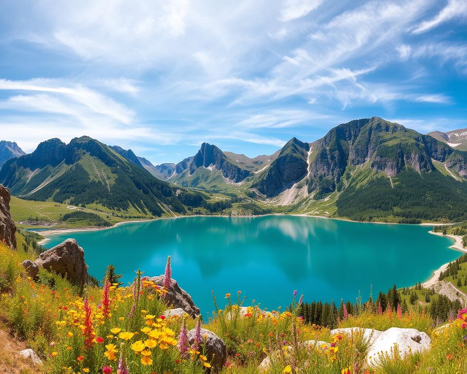 A breathtaking panorama of Komani Lake in Albania, showcasing its stunning turquoise waters nestled between rugged green mountains. In the foreground, an array of lush, vibrant wildflowers and rocky outcrops frame the scene. In the middle, the calm, reflective lake mirrors the dramatic cliffs and steep, forested hills that rise majestically on either side. The background features a clear blue sky with wispy white clouds, enhancing the tranquil atmosphere. The lighting should be warm and golden, reminiscent of a late afternoon sun, casting soft shadows and adding depth to the landscape. This image should convey a sense of peace and natural beauty, perfectly illustrating the serene and awe-inspiring experience of Komani Lake. A breathtaking panorama of Komani Lake in Albania, showcasing its stunning turquoise waters nestled between rugged green mountains. In the foreground, an array of lush, vibrant wildflowers and rocky outcrops frame the scene. In the middle, the calm, reflective lake mirrors the dramatic cliffs and steep, forested hills that rise majestically on either side. The background features a clear blue sky with wispy white clouds, enhancing the tranquil atmosphere. The lighting should be warm and golden, reminiscent of a late afternoon sun, casting soft shadows and adding depth to the landscape. This image should convey a sense of peace and natural beauty, perfectly illustrating the serene and awe-inspiring experience of Komani Lake.