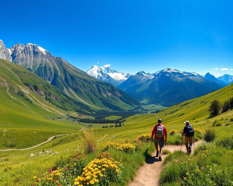 A breathtaking panoramic view of the Albanian Alps during the ideal hiking season, capturing lush green valleys and rugged mountain peaks under a clear blue sky. In the foreground, a hiking path winds through vibrant wildflowers, illustrating the lively atmosphere of spring. The middle ground features hikers dressed in casual outdoor clothing, enjoying the scenery, embodying the spirit of adventure. In the background, snow-capped summits contrast sharply with the lush greenery, showcasing the diverse climatic conditions of the region. Soft sunlight bathes the landscape, creating gentle shadows and warm highlights, reflecting the inviting and rejuvenating mood of this mountainous paradise. The image should exude tranquility and inspiration for outdoor enthusiasts without any text or signatures.