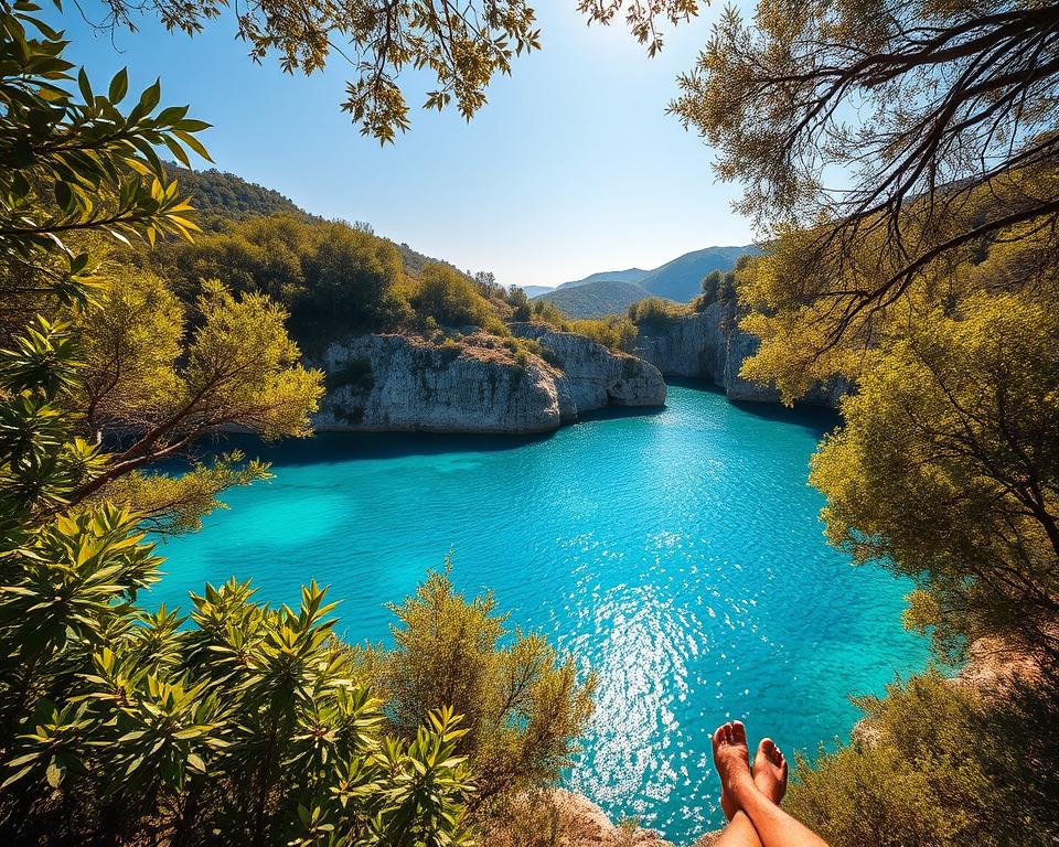 A breathtaking view of Blue Eye, Albania, during the best travel season, showcasing its vibrant turquoise waters shimmering under the golden sunlight. In the foreground, lush green foliage surrounds the mesmerizing, crystal-clear pool, inviting viewers to appreciate its beauty. The middle ground features the unique shapes of rock formations framing the water, capturing the essence of this natural wonder. In the background, gentle hills and a blue sky add depth to the scene, creating a tranquil atmosphere. Soft, dappled sunlight filters through the trees, evoking a serene mood. The perspective is slightly elevated, resembling a traveler standing at the edge of the pool, gazing at the vibrant hues of the water. The image is vibrant, showcasing the intensity of the colors during peak season, making it an ideal representation of this pristine location. A breathtaking view of Blue Eye, Albania, during the best travel season, showcasing its vibrant turquoise waters shimmering under the golden sunlight. In the foreground, lush green foliage surrounds the mesmerizing, crystal-clear pool, inviting viewers to appreciate its beauty. The middle ground features the unique shapes of rock formations framing the water, capturing the essence of this natural wonder. In the background, gentle hills and a blue sky add depth to the scene, creating a tranquil atmosphere. Soft, dappled sunlight filters through the trees, evoking a serene mood. The perspective is slightly elevated, resembling a traveler standing at the edge of the pool, gazing at the vibrant hues of the water. The image is vibrant, showcasing the intensity of the colors during peak season, making it an ideal representation of this pristine location.