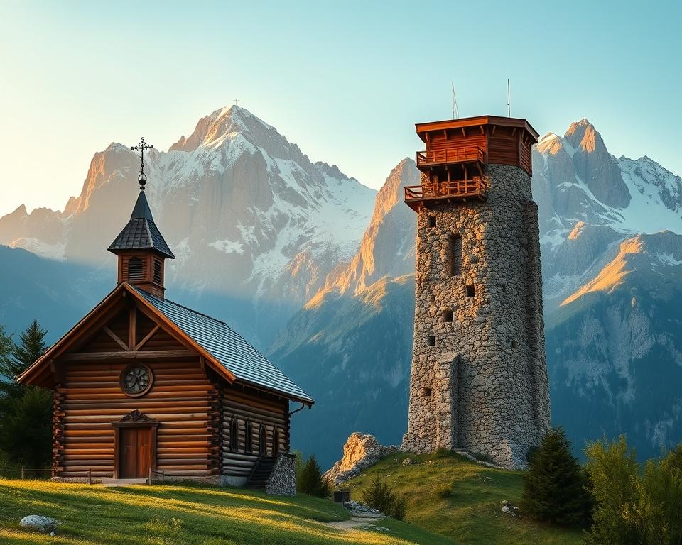 A breathtaking view of Kirche Theth and the Lock-In Tower set against the dramatic backdrop of the Albanian Alps. In the foreground, the rustic wooden church stands majestically with its intricate designs, surrounded by lush greenery. The middle ground features the Lock-In Tower, rugged and ancient, made of stone with wooden accents, hinting at its historical significance. In the background, towering snow-capped peaks bask in the warm glow of golden hour lighting, casting soft shadows and enhancing the vibrant colors of the landscape. The atmosphere evokes tranquility and adventure, with a serene sky transitioning from soft blues to warm oranges. The composition is framed from a slight low angle to capture both the church and tower towering above, inviting the viewer to explore the beauty of Theth, Albania.