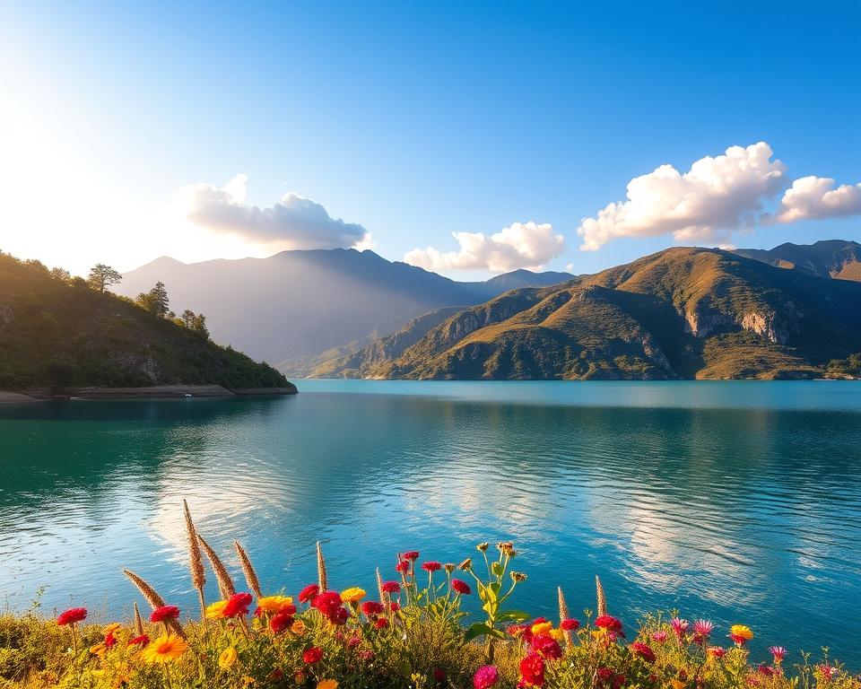 A breathtaking view of Komani Lake during the prime travel season, showcasing clear blue waters reflecting the sky. In the foreground, the lush green shoreline with vibrant wildflowers adds vibrant colors. The middle ground features gentle hills and rocky cliffs adorned with trees, creating a serene backdrop. In the background, the mountains rise majestically, partially shrouded in soft, golden sunlight, suggesting a warm day. The sky is a brilliant blue with a few fluffy white clouds, casting delicate shadows over the water. The scene conveys tranquility and natural beauty. The lighting is soft and warm, with an emphasis on late afternoon light, enhancing the lake's shimmering surface. This idyllic setting evokes a peaceful atmosphere, ideal for exploring the hidden gem of Albania. A breathtaking view of Komani Lake during the prime travel season, showcasing clear blue waters reflecting the sky. In the foreground, the lush green shoreline with vibrant wildflowers adds vibrant colors. The middle ground features gentle hills and rocky cliffs adorned with trees, creating a serene backdrop. In the background, the mountains rise majestically, partially shrouded in soft, golden sunlight, suggesting a warm day. The sky is a brilliant blue with a few fluffy white clouds, casting delicate shadows over the water. The scene conveys tranquility and natural beauty. The lighting is soft and warm, with an emphasis on late afternoon light, enhancing the lake's shimmering surface. This idyllic setting evokes a peaceful atmosphere, ideal for exploring the hidden gem of Albania.