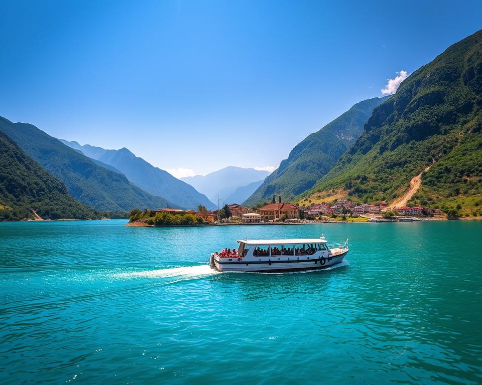 A breathtaking view of Komani Lake in Albania, capturing the serene turquoise waters surrounded by lush, steep green mountains under a bright blue sky. In the foreground, a small ferry gracefully navigates the lake, filled with tourists enjoying a picturesque day. The middle ground showcases a quaint village with traditional Albanian architecture, nestled near the water's edge, while distant mountains create a dramatic backdrop, softened by a touch of mist. The sunlight casts a warm glow, enhancing the vibrant colors and reflecting off the water's surface. The atmosphere is peaceful and inviting, ideal for travelers seeking adventure in nature. The scene is captured from a slightly elevated angle to encompass the full beauty of the lake and its surroundings, evoking a sense of exploration and wonder. A breathtaking view of Komani Lake in Albania, capturing the serene turquoise waters surrounded by lush, steep green mountains under a bright blue sky. In the foreground, a small ferry gracefully navigates the lake, filled with tourists enjoying a picturesque day. The middle ground showcases a quaint village with traditional Albanian architecture, nestled near the water's edge, while distant mountains create a dramatic backdrop, softened by a touch of mist. The sunlight casts a warm glow, enhancing the vibrant colors and reflecting off the water's surface. The atmosphere is peaceful and inviting, ideal for travelers seeking adventure in nature. The scene is captured from a slightly elevated angle to encompass the full beauty of the lake and its surroundings, evoking a sense of exploration and wonder.