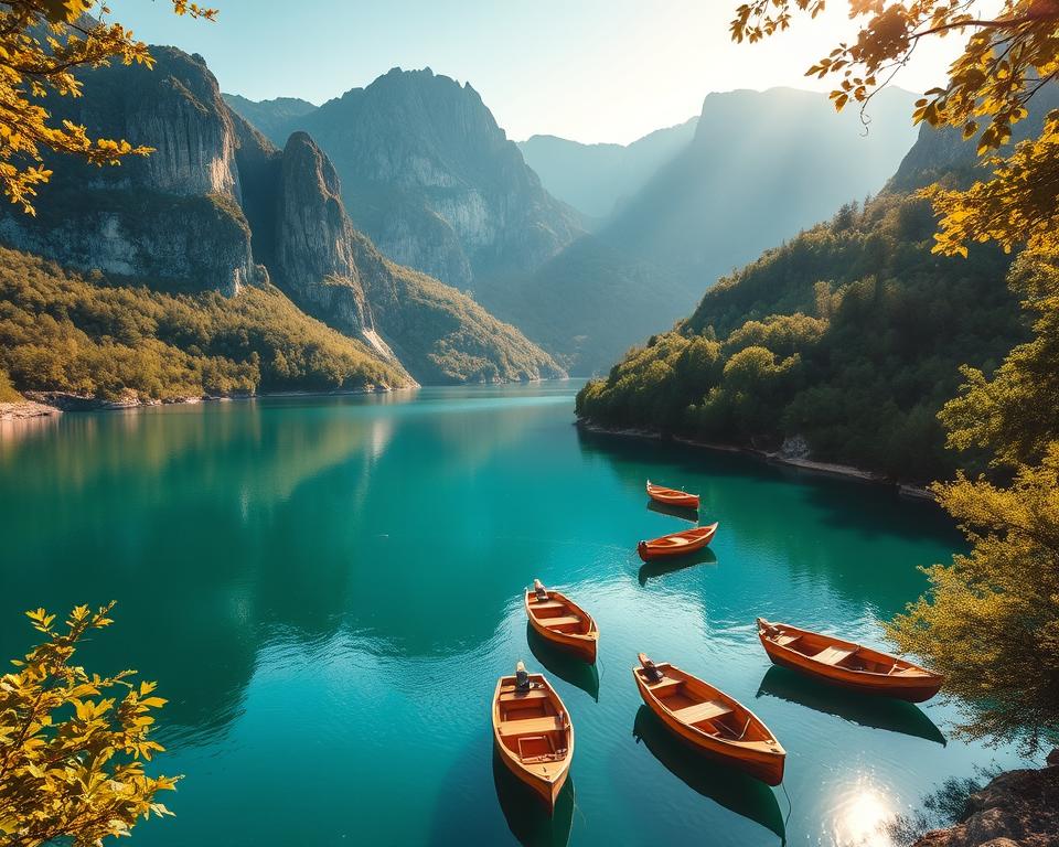A breathtaking view of Komani Lake in Albania, showcasing its emerald green waters surrounded by dramatic limestone cliffs. In the foreground, a few small wooden boats gently bob on the calm surface of the lake, their reflections shimmering in the water. The middle ground features lush green forests framing the lake, with sunlight filtering through leaves, casting dappled patterns on the ground. In the background, majestic mountains rise steeply, partially shrouded in mist. The scene is bathed in warm, golden light of the late afternoon sun, creating a serene and inviting atmosphere. The composition is captured at a slightly elevated angle, providing a panoramic view that highlights the lake's natural beauty and tranquil environment. A breathtaking view of Komani Lake in Albania, showcasing its emerald green waters surrounded by dramatic limestone cliffs. In the foreground, a few small wooden boats gently bob on the calm surface of the lake, their reflections shimmering in the water. The middle ground features lush green forests framing the lake, with sunlight filtering through leaves, casting dappled patterns on the ground. In the background, majestic mountains rise steeply, partially shrouded in mist. The scene is bathed in warm, golden light of the late afternoon sun, creating a serene and inviting atmosphere. The composition is captured at a slightly elevated angle, providing a panoramic view that highlights the lake's natural beauty and tranquil environment.