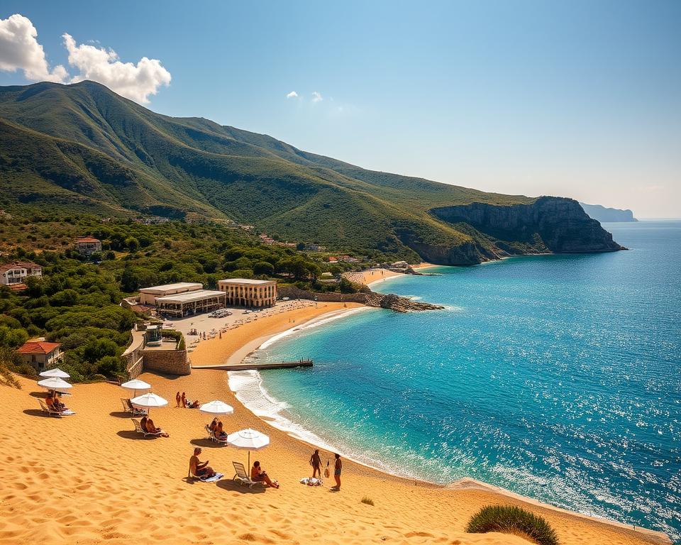 A breathtaking view of the Albanian coast, showcasing its pristine beaches. In the foreground, soft golden sands are dotted with beach umbrellas and modestly dressed visitors enjoying the sun. The middle ground features lush, green hills rising steeply, leading down to crystal clear azure waters sparkling under the warm sunlight. In the background, the rugged cliffs and small coastal villages can be seen, reflecting the charm of Albania’s north-to-south coastline. The scene is bathed in a warm, golden hour glow, enhancing the tranquil atmosphere, with a clear blue sky and a few fluffy white clouds. The angle is slightly elevated, offering a panoramic view that invites the viewer into this coastal paradise.