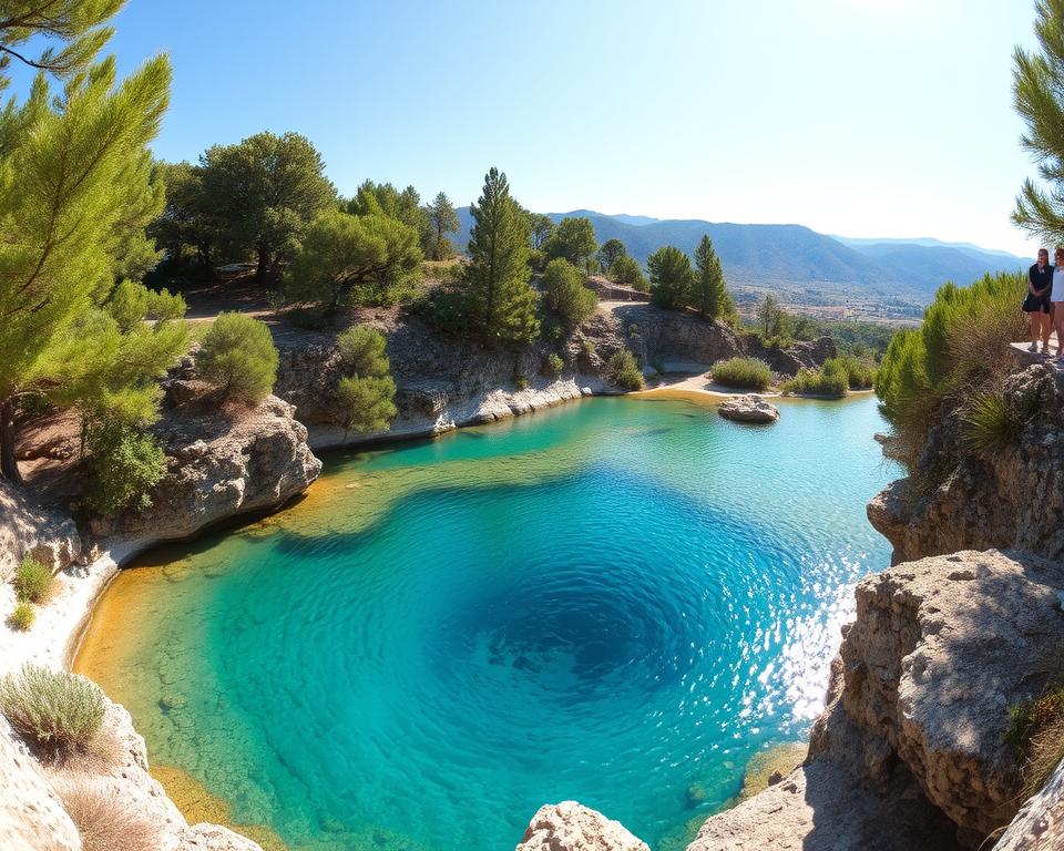 A breathtaking view of the Blue Eye in Albania, set in the foreground with vibrant turquoise waters swirling around a natural spring. In the middle ground, lush green trees and rocky formations frame the scene, inviting visitors to explore the serene nature. In the background, soft hills and a clear blue sky add depth to the landscape. The lighting is bright and sunny, casting gentle reflections on the water's surface. A couple of travelers in modest casual clothing can be seen happily discussing their plans for the day while observing the beautiful site. The atmosphere is peaceful and rejuvenating, capturing the essence of adventure and tranquility in this hidden gem of Albania.