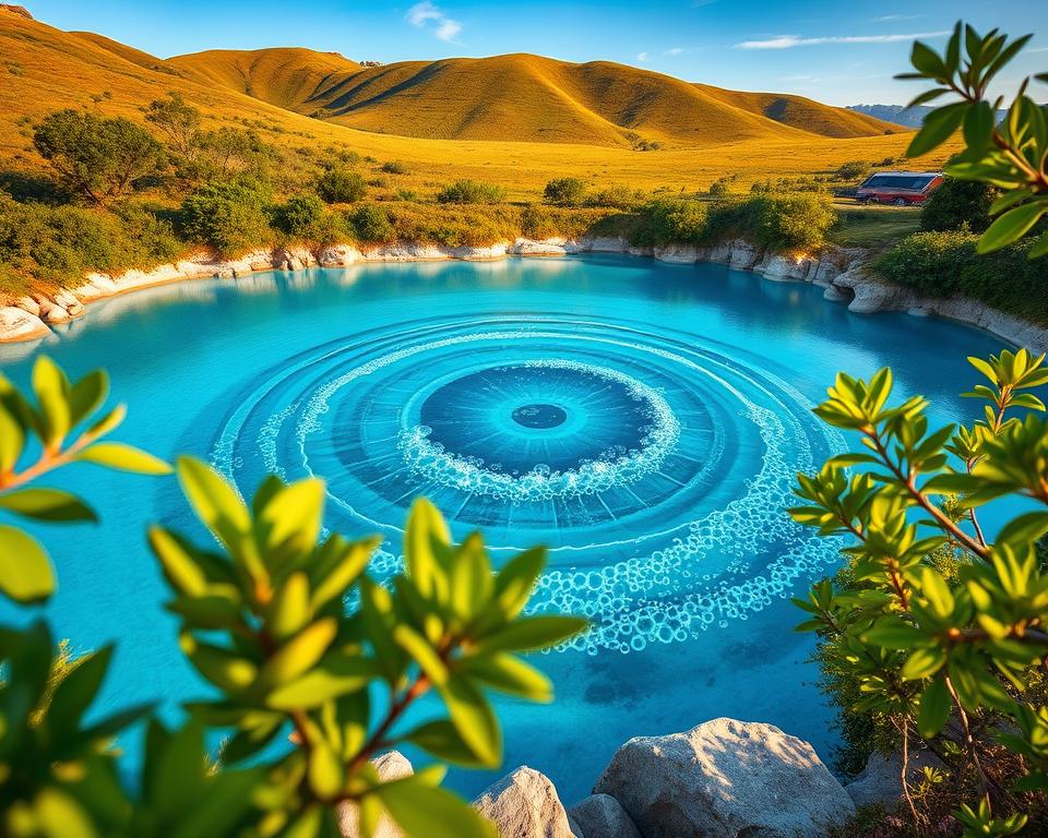 A breathtaking view of the Blue Eye in Albania, showcasing its stunning circular spring with vibrant blue water. In the foreground, lush green foliage frames the scene, with a glimpse of smooth, natural stones surrounding the spring. The middle ground features the mesmerizing, deep blue hues of the water where bubbles rise, creating a captivating swirl effect that mimics an eye. In the background, the gentle slopes of verdant hills and a clear, blue sky complete the picturesque landscape. The lighting is soft and warm, suggesting a late afternoon glow, enhancing the vivid colors and tranquil ambience. The mood is serene and enchanting, inviting viewers to experience the natural wonder of Albania's Blue Eye. A breathtaking view of the Blue Eye in Albania, showcasing its stunning circular spring with vibrant blue water. In the foreground, lush green foliage frames the scene, with a glimpse of smooth, natural stones surrounding the spring. The middle ground features the mesmerizing, deep blue hues of the water where bubbles rise, creating a captivating swirl effect that mimics an eye. In the background, the gentle slopes of verdant hills and a clear, blue sky complete the picturesque landscape. The lighting is soft and warm, suggesting a late afternoon glow, enhancing the vivid colors and tranquil ambience. The mood is serene and enchanting, inviting viewers to experience the natural wonder of Albania's Blue Eye.