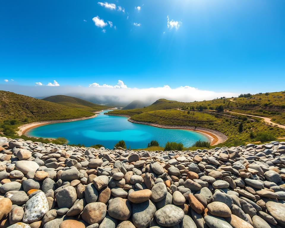 A breathtaking view of the Blue Eye in Albania, showcasing its vibrant azure waters. In the foreground, smooth pebbles reflect the sunlight, creating a shimmering surface that contrasts with the deep blue of the spring. The middle ground features lush greenery surrounding the natural spring, with winding paths inviting exploration. In the background, misty hills rise gently, under a clear blue sky dotted with fluffy white clouds. The scene is illuminated by warm, golden hour sunlight, enhancing the colors and creating a serene atmosphere. Capture this moment with a wide-angle lens to showcase the stunning landscape, evoking a sense of tranquility and wonder for visitors exploring this hidden gem. A breathtaking view of the Blue Eye in Albania, showcasing its vibrant azure waters. In the foreground, smooth pebbles reflect the sunlight, creating a shimmering surface that contrasts with the deep blue of the spring. The middle ground features lush greenery surrounding the natural spring, with winding paths inviting exploration. In the background, misty hills rise gently, under a clear blue sky dotted with fluffy white clouds. The scene is illuminated by warm, golden hour sunlight, enhancing the colors and creating a serene atmosphere. Capture this moment with a wide-angle lens to showcase the stunning landscape, evoking a sense of tranquility and wonder for visitors exploring this hidden gem.