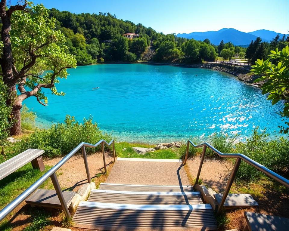 A breathtaking view of the Blue Eye in Albania, showcasing its vibrant turquoise water surrounded by lush greenery. In the foreground, a well-maintained path leading to the water includes accessible ramps and benches for comfort. In the middle ground, gentle waves ripple in the crystal-clear basin, reflecting the sunlight that filters through the trees. The background features the serene landscape of the Albanian mountains under a clear blue sky. The setting conveys a peaceful and inviting mood, emphasizing accessibility and comfort for visitors with limited mobility. The image captures a wide-angle perspective with soft, natural lighting to enhance the vivid colors and tranquility of the scene. A breathtaking view of the Blue Eye in Albania, showcasing its vibrant turquoise water surrounded by lush greenery. In the foreground, a well-maintained path leading to the water includes accessible ramps and benches for comfort. In the middle ground, gentle waves ripple in the crystal-clear basin, reflecting the sunlight that filters through the trees. The background features the serene landscape of the Albanian mountains under a clear blue sky. The setting conveys a peaceful and inviting mood, emphasizing accessibility and comfort for visitors with limited mobility. The image captures a wide-angle perspective with soft, natural lighting to enhance the vivid colors and tranquility of the scene.