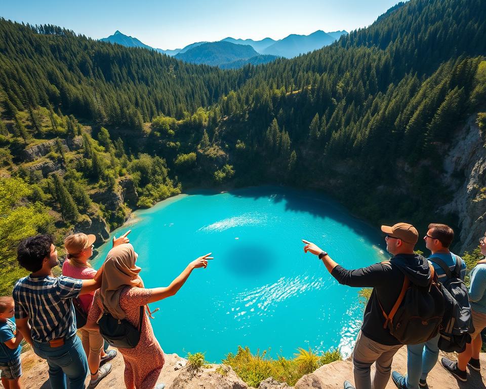 A breathtaking view of the Blue Eye in Albania, showcasing its vibrant turquoise waters surrounded by lush greenery. In the foreground, a small group of diverse travelers in modest casual clothing are admiring the natural wonder, pointing and smiling. The middle ground features the vivid curve of the water spring, with gentle ripples reflecting sunlight, creating a sparkling effect. In the background, dense forests and towering mountains fade into a clear blue sky, enhancing the serene atmosphere. The scene is bathed in warm, golden hour lighting, casting soft shadows and creating a tranquil, inviting mood. Shot with a wide-angle lens to capture the full beauty of the landscape, allowing for a sense of exploration and wonder. A breathtaking view of the Blue Eye in Albania, showcasing its vibrant turquoise waters surrounded by lush greenery. In the foreground, a small group of diverse travelers in modest casual clothing are admiring the natural wonder, pointing and smiling. The middle ground features the vivid curve of the water spring, with gentle ripples reflecting sunlight, creating a sparkling effect. In the background, dense forests and towering mountains fade into a clear blue sky, enhancing the serene atmosphere. The scene is bathed in warm, golden hour lighting, casting soft shadows and creating a tranquil, inviting mood. Shot with a wide-angle lens to capture the full beauty of the landscape, allowing for a sense of exploration and wonder.