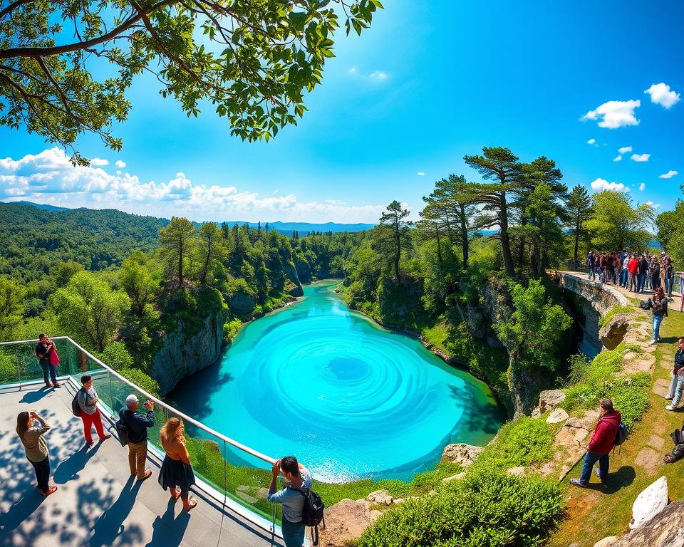 A breathtaking view of the Blue Eye in Albania, showcasing the stunning aquamarine waters swirling at the center of a verdant landscape. In the foreground, a sleek viewing platform with glass railings allows visitors to marvel at the vibrant blue spring, surrounded by lush green foliage and rocky terrain. The middle ground features tourists in modest casual clothing, admiring the scenic beauty and taking photos, conveying a sense of awe and wonder. In the background, towering trees and distant hills create a picturesque natural frame, under a bright blue sky with soft white clouds. The sunlight filters through the leaves, casting gentle shadows and enhancing the serene atmosphere of this enchanting location, inviting viewers to explore its hidden depths.