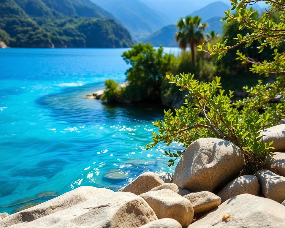A breathtaking view of the Blue Eye of Albania, showcasing its mesmerizing turquoise waters swirling with deep blue and hints of green. In the foreground, smooth stones line the water’s edge, glistening under soft, diffused afternoon sunlight. The middle ground features the vibrant, lush greenery of surrounding trees and plants, with subtle details like leaves sparkling with dew. The background reveals a serene, mountainous landscape, softly blurred to highlight the natural beauty of the area. The scene should evoke a sense of tranquility and environmental awareness, emphasizing the untouched beauty of nature, with warm, inviting lighting that enhances the colors and textures. The overall mood should be peaceful and inspiring, encouraging eco-conscious exploration of this natural wonder. A breathtaking view of the Blue Eye of Albania, showcasing its mesmerizing turquoise waters swirling with deep blue and hints of green. In the foreground, smooth stones line the water’s edge, glistening under soft, diffused afternoon sunlight. The middle ground features the vibrant, lush greenery of surrounding trees and plants, with subtle details like leaves sparkling with dew. The background reveals a serene, mountainous landscape, softly blurred to highlight the natural beauty of the area. The scene should evoke a sense of tranquility and environmental awareness, emphasizing the untouched beauty of nature, with warm, inviting lighting that enhances the colors and textures. The overall mood should be peaceful and inspiring, encouraging eco-conscious exploration of this natural wonder.