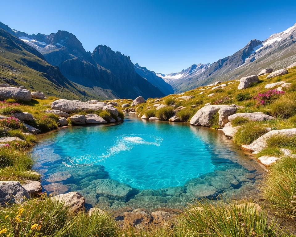 A breathtaking view of the "Blue Eye von Theth," a stunning turquoise spring surrounded by lush greenery in the Albanian Alps. In the foreground, crystal-clear water bubbles from a vibrant blue pool, reflecting the sunlight. The middle ground features rocky terrain adorned with wildflowers and verdant grasses, creating a natural frame around the spring. Towering mountains rise majestically in the background, with patches of snow glistening under a clear blue sky. The lighting is warm, casting a serene and inviting atmosphere, ideal for hikers seeking tranquility. Capture the essence of this natural wonder from a slightly elevated angle to emphasize the depth of the pool and surrounding landscape. Ensure the image is vivid and serene, without any human presence or text elements.