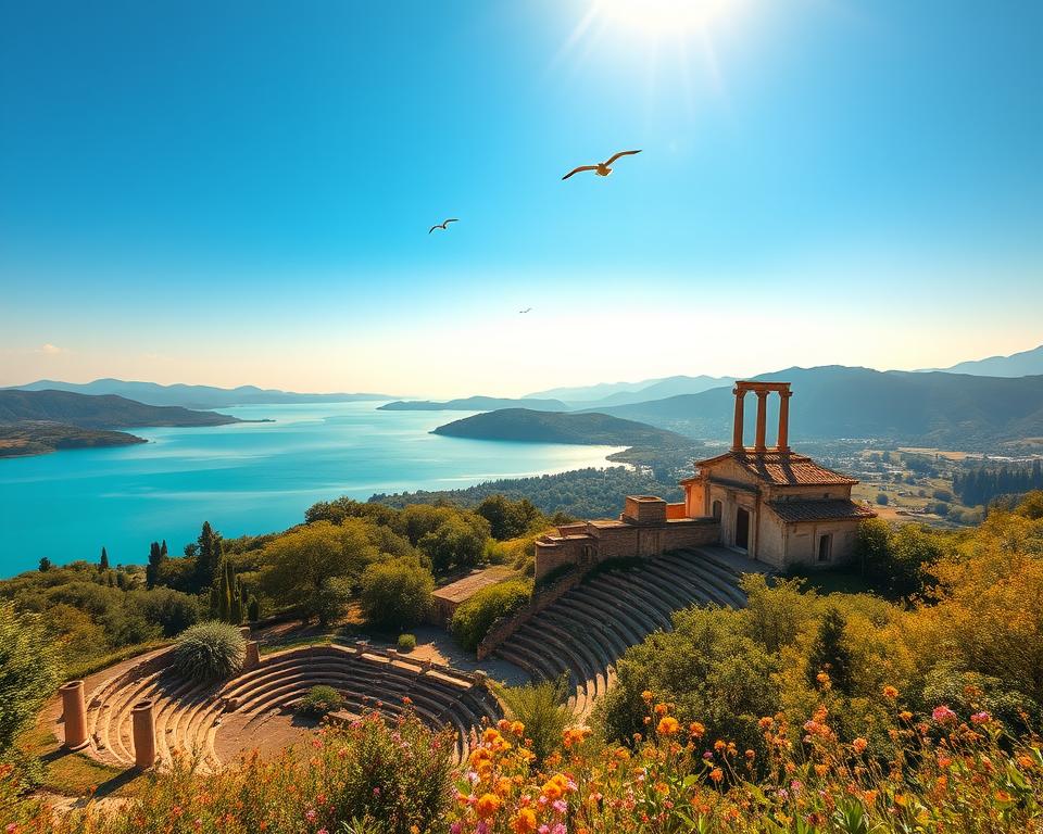 A breathtaking view of the UNESCO World Heritage site of Butrint, Albania, captured during the golden hour. In the foreground, ancient ruins, including a well-preserved Roman theater and a crumbling Byzantine basilica, are framed by lush greenery and wildflowers, showcasing the harmony of nature and history. The middle ground features the tranquil turquoise waters of the Butrint Lagoon, reflecting the sky's warm hues. Birds soar overhead, adding a sense of movement and life. In the background, rolling hills and dense forests create a serene atmosphere, enveloped in soft sunlight that casts gentle shadows. The image should evoke a feeling of peace and majesty, highlighting Butrint's unique ecological and cultural significance, with an emphasis on the natural beauty and rich history of the site. A breathtaking view of the UNESCO World Heritage site of Butrint, Albania, captured during the golden hour. In the foreground, ancient ruins, including a well-preserved Roman theater and a crumbling Byzantine basilica, are framed by lush greenery and wildflowers, showcasing the harmony of nature and history. The middle ground features the tranquil turquoise waters of the Butrint Lagoon, reflecting the sky's warm hues. Birds soar overhead, adding a sense of movement and life. In the background, rolling hills and dense forests create a serene atmosphere, enveloped in soft sunlight that casts gentle shadows. The image should evoke a feeling of peace and majesty, highlighting Butrint's unique ecological and cultural significance, with an emphasis on the natural beauty and rich history of the site.