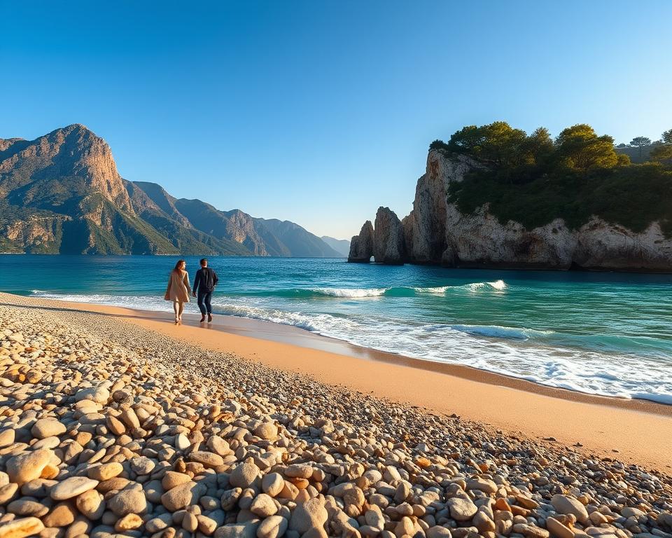 A breathtaking view of unique Albanian beaches, showcasing their distinctive criteria. In the foreground, smooth pebbles and fine sand glisten under the warm sunlight, while a few people in modest casual clothing stroll along the shoreline, enjoying the serene atmosphere. The middle ground features gentle waves lapping at the shore, revealing vibrant turquoise waters contrasted with the rocky cliffs adorned with lush greenery. In the background, majestic mountains rise against a clear blue sky, providing a dramatic backdrop. The scene is bathed in golden hour lighting, creating a tranquil and inviting mood. Capture this picturesque landscape with a wide-angle lens, emphasizing the expansive beauty and allure of Albania's coastline.