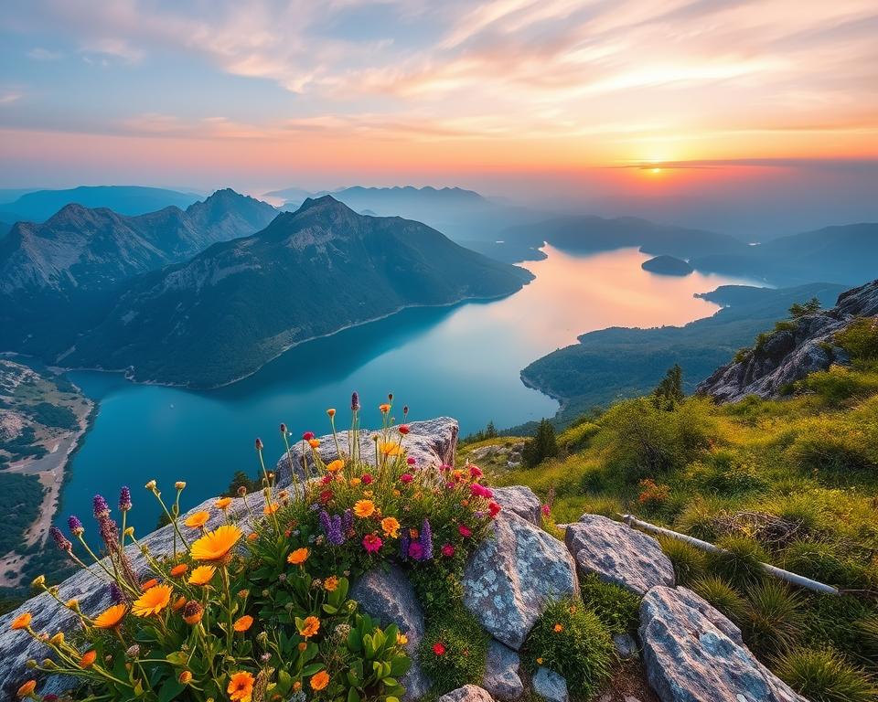 A breathtaking viewpoint overlooking Komani Lake in Albania, capturing the essence of nature's beauty. In the foreground, a rocky cliff edge adorned with colorful wildflowers and lush greenery. The middle ground features the serene, emerald waters of the lake, surrounded by dramatic mountains that reflect beautifully in the water. In the background, the sky transitions to a warm sunset glow, with soft pink and orange hues casting a gentle light over the landscape. The scene conveys a sense of tranquility and adventure, inviting viewers to explore the hiking paths. The perspective should be from a slightly elevated angle, emphasizing the vastness of the lake and the grandeur of the surrounding mountains, all bathed in natural light for a vibrant, yet peaceful atmosphere. A breathtaking viewpoint overlooking Komani Lake in Albania, capturing the essence of nature's beauty. In the foreground, a rocky cliff edge adorned with colorful wildflowers and lush greenery. The middle ground features the serene, emerald waters of the lake, surrounded by dramatic mountains that reflect beautifully in the water. In the background, the sky transitions to a warm sunset glow, with soft pink and orange hues casting a gentle light over the landscape. The scene conveys a sense of tranquility and adventure, inviting viewers to explore the hiking paths. The perspective should be from a slightly elevated angle, emphasizing the vastness of the lake and the grandeur of the surrounding mountains, all bathed in natural light for a vibrant, yet peaceful atmosphere.