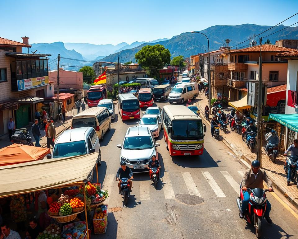 A busy street scene depicting road traffic in Albania, showcasing a mix of vehicle types including cars, buses, and motorcycles navigating through narrow, winding roads. In the foreground, highlight a colorful local market with vendors selling fresh produce, creating a vibrant atmosphere. The middle ground should feature congested traffic with vehicles maneuvering around obstacles like potholes and pedestrians. In the background, depict scenic Albanian mountains under a clear blue sky, adding depth to the scene. Use natural sunlight to enhance the warm tones, evoking a lively yet chaotic travel experience. The image should reflect an authentic representation of the driving challenges faced in Albania, with no people in formal attire, focusing instead on the bustling city life atmosphere.
