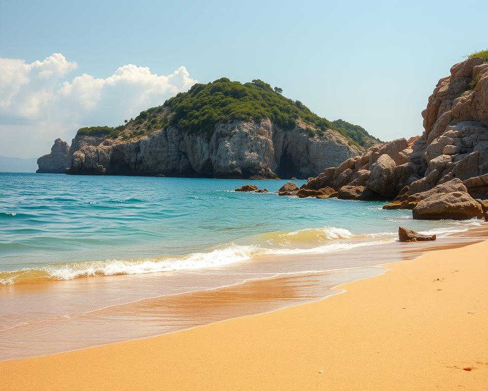 A captivating coastal scene illustrating the diversity of Albania's beaches, featuring distinct areas of golden sand, shiny pebbles, and rugged rocks. In the foreground, a serene sandy beach with gentle waves lapping at the shore, dotted with smooth pebbles reflecting the sunlight. The middle ground showcases dramatic rocky cliffs adorned with lush green vegetation, creating a striking contrast with the azure sea. In the background, a clear sky with soft, fluffy clouds enhances the tranquil atmosphere. The lighting should be warm and inviting, reminiscent of late afternoon sunlight, casting soft shadows. Use a wide-angle lens perspective to capture the vastness of the landscape, emphasizing the variety of beach types and the beauty of the Albanian coastline.
