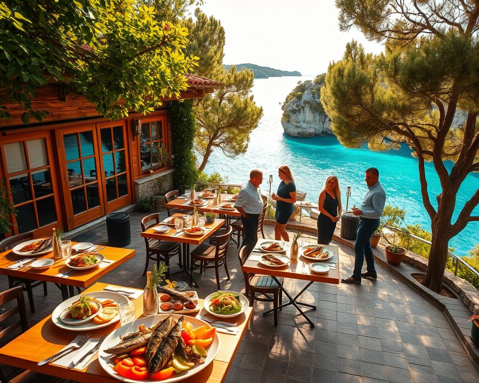 A charming restaurant located near the Blue Eye in Albania, featuring a rustic wooden facade surrounded by lush greenery. In the foreground, a cozy outdoor dining area with neatly set tables and colorful local cuisine, such as grilled fish and fresh salads, is displayed. In the middle ground, the friendly staff, dressed in professional attire, engage with guests while serving traditional Albanian dishes. In the background, the stunning turquoise waters of the Blue Eye glisten under soft sunlight, framed by beautiful trees and rocky formations. The scene captures a warm and inviting atmosphere, evoking a sense of culinary delight and natural beauty. The lighting is soft and golden, simulating the late afternoon sun, enhanced with a slight depth of field to draw attention to the restaurant while keeping the vibrant scenery in focus. A charming restaurant located near the Blue Eye in Albania, featuring a rustic wooden facade surrounded by lush greenery. In the foreground, a cozy outdoor dining area with neatly set tables and colorful local cuisine, such as grilled fish and fresh salads, is displayed. In the middle ground, the friendly staff, dressed in professional attire, engage with guests while serving traditional Albanian dishes. In the background, the stunning turquoise waters of the Blue Eye glisten under soft sunlight, framed by beautiful trees and rocky formations. The scene captures a warm and inviting atmosphere, evoking a sense of culinary delight and natural beauty. The lighting is soft and golden, simulating the late afternoon sun, enhanced with a slight depth of field to draw attention to the restaurant while keeping the vibrant scenery in focus.