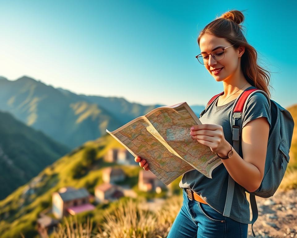 A confident solo female traveler standing on a scenic Albanian hillside, showcasing a mix of culture and natural beauty. In the foreground, she wears modest casual clothing, carrying a stylish backpack, and analyzing a map with a focused expression. The middle ground features lush green mountains and a clear blue sky, suggesting a sense of adventure and exploration. In the background, a traditional Albanian village with stone houses is visible, hinting at the local culture. The lighting is warm and inviting, creating a sense of safety and tranquility as the sun sets. The mood is empowering and inspiring, reflecting the importance of safety tips for women traveling alone.