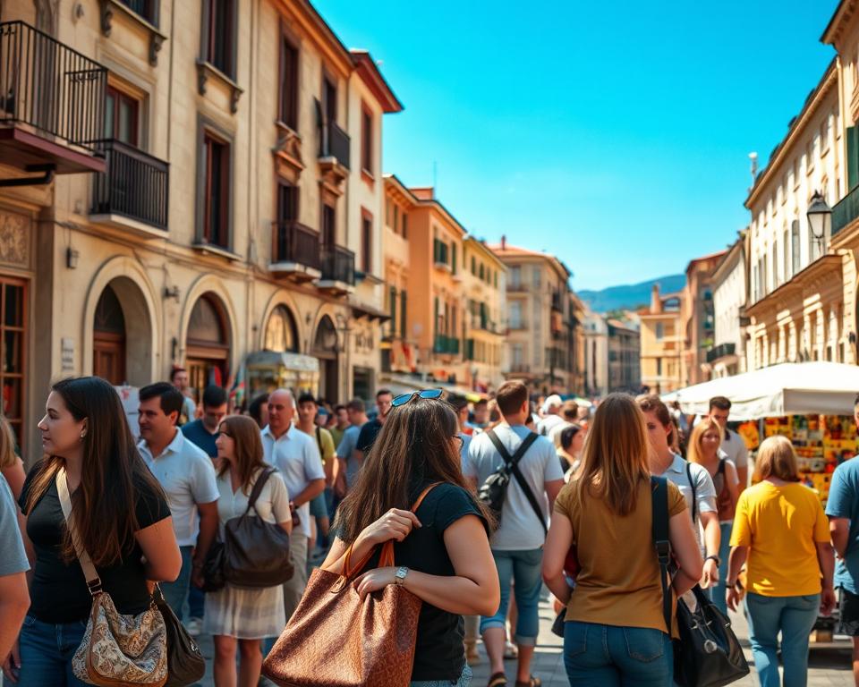 A crowded tourist street in Albania during the day, showcasing a vibrant atmosphere. In the foreground, a diverse group of people wearing casual yet modest clothing are engaged in conversation, with a focus on a young woman keeping her handbag securely zipped. In the middle ground, street vendors sell colorful local crafts and food, adding life to the scene. The background features historic buildings with charming architecture under a bright blue sky. Soft sunlight casts warm tones, enhancing the inviting detail of the environment. The overall mood is alert yet tourist-friendly, highlighting prudent behavior against pickpocketing in a busy urban setting.