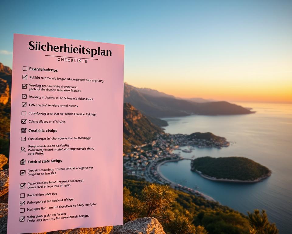 A detailed checklist titled "Sicherheitsplan Checkliste" in a professional format, prominently displayed in the foreground. The checklist should have bullet points outlining essential safety tips for travelers, written in clear, legible text, with icons representing each tip. In the middle ground, depict a serene travel scene featuring a picturesque landscape of Albania with mountains and a lush coastline, enhancing the sense of adventure. The background should have a calming sky, either during sunrise or sunset, casting a warm, golden light that creates a tranquil atmosphere. The overall mood should convey preparedness and safety, encouraging a sense of security for potential travelers. The composition should focus on clarity and professionalism, with no people present in the image. Avoid any text overlays or watermarks.