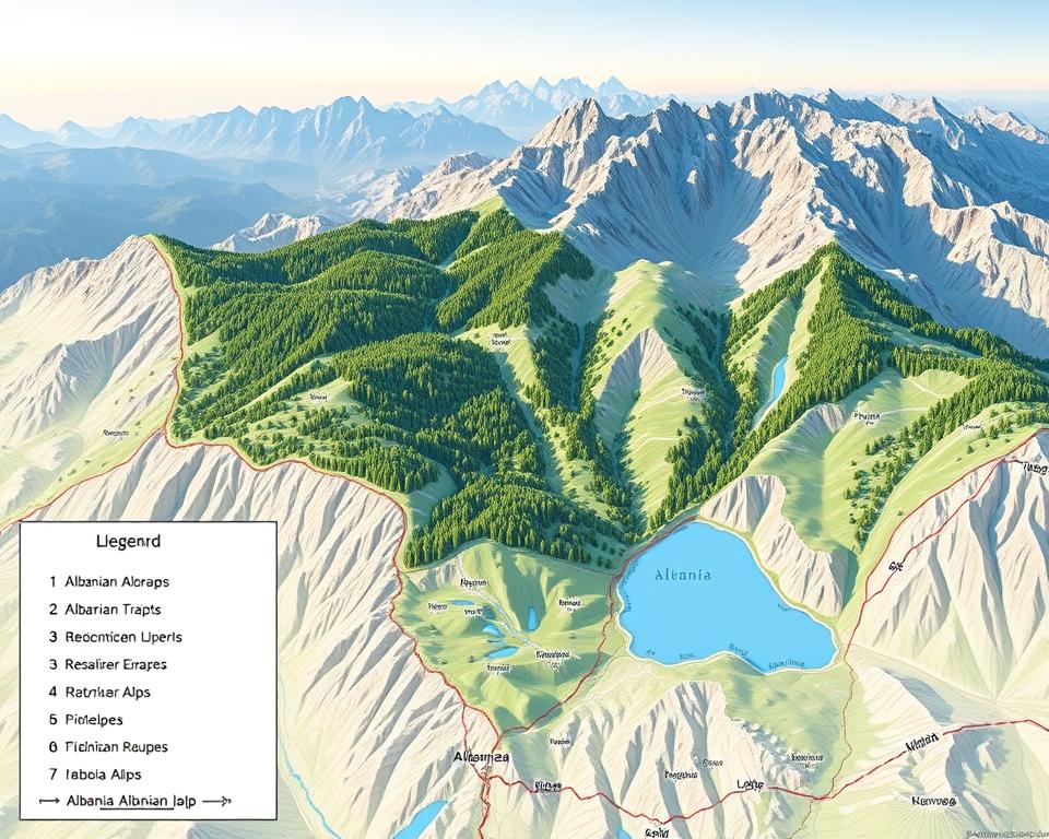 A detailed geographic map of the Albanian Alps region, showcasing its mountainous terrain, valleys, and significant natural features. The foreground features a well-defined legend with symbols representing various landmarks, such as hiking trails and peaks. In the middle, the outline of the Albanian Alps is highlighted, with lush greenery illustrating forests and clear blue water bodies indicating lakes and rivers. The background includes a subtle gradient sky, indicating early morning light for a serene and peaceful atmosphere. The overall composition should be clear and professional, emphasizing the unique geographical attributes of the region while ensuring that it is visually engaging for readers interested in hiking and exploring the Albanian Alps.