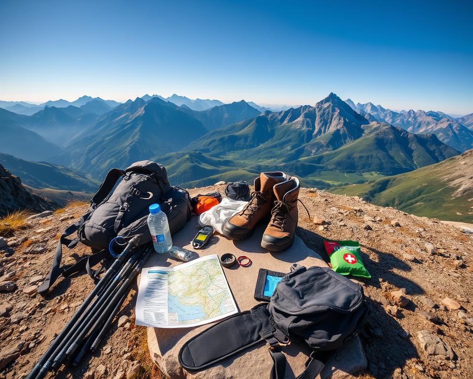A detailed outdoor scene depicting essential hiking gear and a packing list for mountainous terrain. In the foreground, lay out a well-organized assortment of hiking equipment, including a sturdy backpack, trekking poles, water bottles, and a map. The middle ground features a pair of hiking boots resting on a light-colored rock, with a compass and a first aid kit nearby. The background showcases the breathtaking Albanian Alps, with rugged peaks and lush green valleys under a clear blue sky. The lighting is warm and natural, suggesting early morning or late afternoon, creating an inviting and adventurous atmosphere. Capture this scene with a wide-angle lens to emphasize the expansive landscape and gear items.
