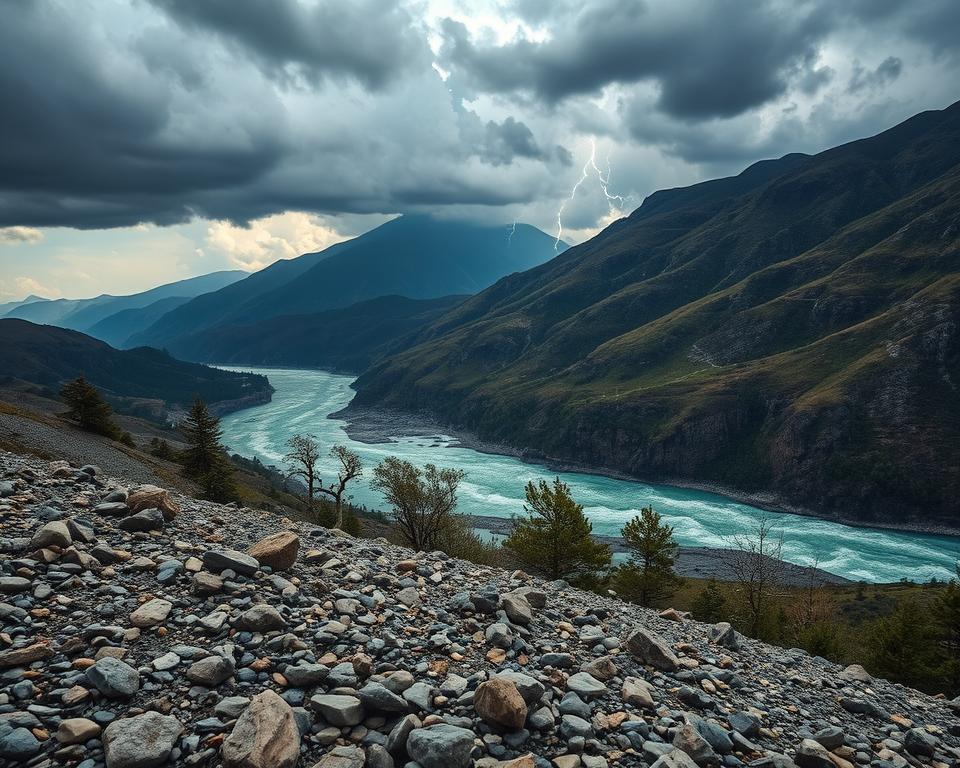 A dramatic landscape depicting the natural hazards of Albania. In the foreground, rocky terrain with loose stones and a hint of an avalanche risk, scattered trees affected by weathering. The middle ground showcases a turbulent mountain river swollen by heavy rainfall, with swollen banks threatening to overflow. In the background, majestic but ominous mountains under stormy skies, casting dark shadows and emphasizing the potential for landslides. The atmosphere is tense, with lightning visible in the distance, hinting at severe weather conditions. Use a high-angle view to capture the vastness of the landscape, with a moody, overcast ambiance highlighting the climatic risks. The image should evoke a sense of caution and respect for the powerful forces of nature in Albania.