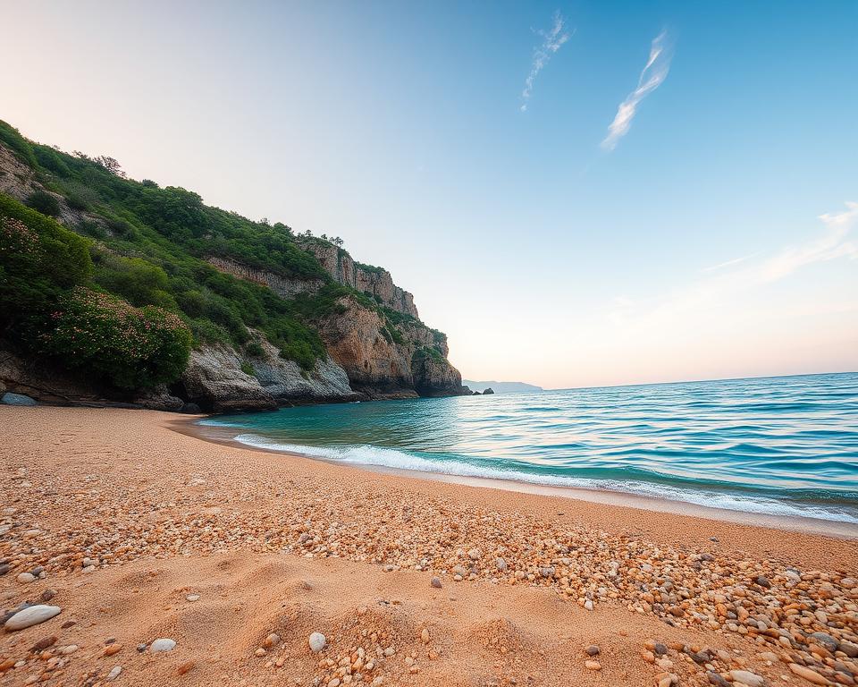 A hidden gem along the Albanian coast, showcasing a serene and untouched beach landscape. In the foreground, soft, golden sand speckled with smooth pebbles leads into gentle azure waves lapping at the shore. The middle ground reveals lush green cliffs lined with wildflowers, their vibrant colors contrasting against the tranquil sea. In the background, a clear sky fades from soft pastels of dawn to a brilliant blue, with a few wispy clouds floating above. The lighting is warm and inviting, creating a peaceful, idyllic atmosphere. The scene is captured at a low angle to emphasize the beach’s natural beauty, evoking a sense of tranquility and the allure of discovering secluded spots along this stunning coastline.