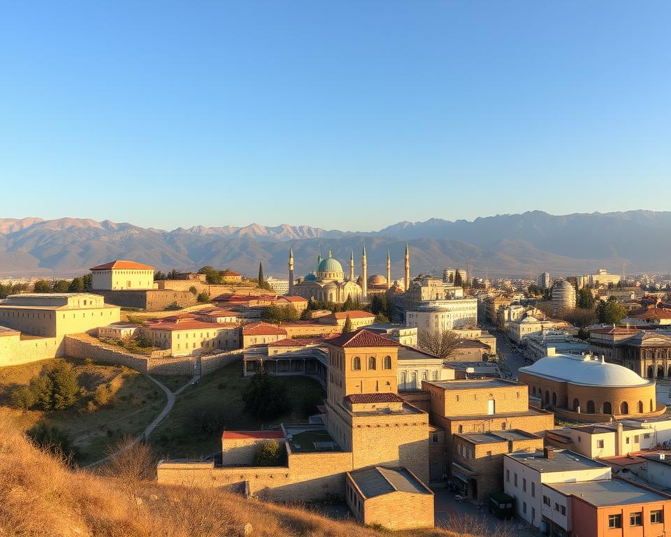 A panoramic view of Albania's rich historical architecture juxtaposed with modern developments, capturing the essence of its evolution. In the foreground, include a serene Albanian landscape with mountains and a clear blue sky. In the middle, depict a blend of traditional structures like ancient fortresses and Ottoman-era buildings alongside newer urban architecture, illustrating the country’s transformation. The background should showcase the rugged Albanian Alps, adding depth and a sense of place. Use warm, natural lighting to evoke a welcoming atmosphere, ideally during golden hour for a soft, inviting glow. Choose a slightly elevated angle to provide a comprehensive overview, emphasizing both the historical and contemporary aspects of Albania, while reflecting the underlying safety concerns in the atmosphere subtly.