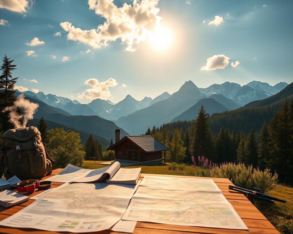 A picturesque scene illustrating practical planning for hiking in the Albanian Alps. In the foreground, a wooden hiking map table with detailed maps and travel guides, accompanied by a backpack and hiking gear. The middle ground shows a serene mountain lodge with smoke rising from the chimney, surrounded by lush green forests and blooming wildflowers. In the background, imposing snow-capped peaks rise majestically under a bright blue sky, with soft, fluffy clouds scattered throughout. The lighting is warm and inviting, suggesting a late afternoon sun setting behind the mountains, casting soft shadows. The atmosphere is peaceful and inspiring, evoking a sense of adventure and readiness for exploration in nature.