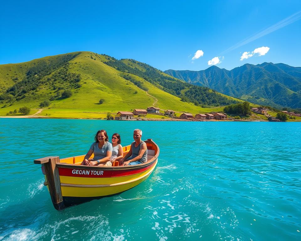A picturesque scene of Komani Lake during a sunny day, showcasing a tranquil boat tour. In the foreground, a colorful wooden boat gently glides through the crystal-clear turquoise waters, with a few passengers enjoying the experience in modest casual attire, smiling and taking in the breathtaking surroundings. In the middle ground, lush green hills encircle the lake, dotted with small, rustic chalets that reflect traditional Albanian architecture. The bright sunlight creates a shimmering effect on the water's surface, enhancing the vibrant colors of the landscape. In the background, majestic mountains rise sharply against the bright blue sky, with a few wispy clouds adding depth to the scene. The overall mood is calm and inviting, perfect for outdoor activities and exploration. The image should have a high-resolution and wide-angle perspective, capturing the beauty and serenity of Komani Lake. A picturesque scene of Komani Lake during a sunny day, showcasing a tranquil boat tour. In the foreground, a colorful wooden boat gently glides through the crystal-clear turquoise waters, with a few passengers enjoying the experience in modest casual attire, smiling and taking in the breathtaking surroundings. In the middle ground, lush green hills encircle the lake, dotted with small, rustic chalets that reflect traditional Albanian architecture. The bright sunlight creates a shimmering effect on the water's surface, enhancing the vibrant colors of the landscape. In the background, majestic mountains rise sharply against the bright blue sky, with a few wispy clouds adding depth to the scene. The overall mood is calm and inviting, perfect for outdoor activities and exploration. The image should have a high-resolution and wide-angle perspective, capturing the beauty and serenity of Komani Lake.