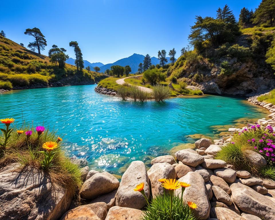 A scenic view of the Blue Eye in Albania, capturing the stunning turquoise waters surrounded by lush greenery and rocky terrain. In the foreground, depict glistening water with sunlight creating shimmering reflections. In the middle ground, show a winding path leading to the Blue Eye, lined with vibrant wildflowers and smooth stones that complement the natural beauty. The background features towering trees and distant mountains under a clear blue sky, enhancing the serene atmosphere. Bright, natural lighting accentuates the vibrant colors of the landscape, with a slight lens flare to evoke warmth and tranquility. The overall mood should convey a sense of adventure and exploration, inviting viewers to discover this hidden gem.