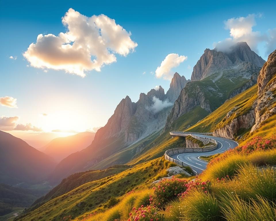 A scenic view of the winding, serpentine road leading to Theth, Albania, surrounded by majestic mountains and lush green valleys. In the foreground, a clear blue sky with fluffy white clouds creates an inviting atmosphere. The middle ground features a narrow, winding road that curves gently, flanked by vibrant wildflowers and rocky outcrops, suggesting the journey to this remote paradise. In the background, the towering peaks of the Albanian Alps rise dramatically, their rugged forms partly shrouded in mist. The lighting is soft and warm, as the sun begins to set, casting golden light over the landscape. Capture this serene and adventurous mood, emphasizing the allure of reaching such a beautiful destination.
