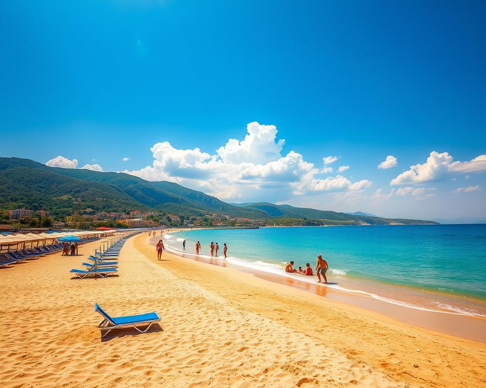 A serene Albanian beach during the optimal travel season, showcasing soft golden sands gently lapped by crystal-clear turquoise waters. In the foreground, a collection of colorful beach umbrellas and sun loungers arranged in an inviting manner, reflecting a relaxing atmosphere. The middle ground features a few families enjoying the sun, dressed in modest casual clothing, playing beach volleyball and building sandcastles. In the background, lush green hills rise majestically, dotted with small, traditional villages. The sky is a brilliant blue, with fluffy white clouds, and the warm sunlight casts a golden hue over the scene, creating a tranquil and inviting holiday vibe. The angle is slightly elevated, capturing the beauty of the coastline and the joyous atmosphere below.