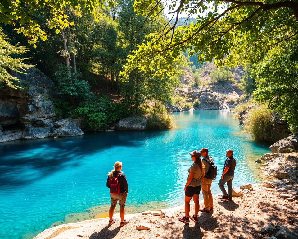 A serene depiction of the Blue Eye in Albania, showcasing its vibrant turquoise waters surrounded by lush green foliage and rocky terrain. In the foreground, a small group of hikers in modest casual attire observes the natural beauty, highlighting safety and respect for nature. The middle ground features the unique, crystal-clear spring water of the Blue Eye, with gentle ripples reflecting the sunlight. In the background, towering trees and soft hills create a peaceful atmosphere. The lighting is warm and inviting, casting dappled sunlight through the leaves, enhancing the tranquil scene. The image conveys a sense of wonder and a reminder of the importance of protecting this natural wonder while highlighting the rules for safe exploration. A serene depiction of the Blue Eye in Albania, showcasing its vibrant turquoise waters surrounded by lush green foliage and rocky terrain. In the foreground, a small group of hikers in modest casual attire observes the natural beauty, highlighting safety and respect for nature. The middle ground features the unique, crystal-clear spring water of the Blue Eye, with gentle ripples reflecting the sunlight. In the background, towering trees and soft hills create a peaceful atmosphere. The lighting is warm and inviting, casting dappled sunlight through the leaves, enhancing the tranquil scene. The image conveys a sense of wonder and a reminder of the importance of protecting this natural wonder while highlighting the rules for safe exploration.