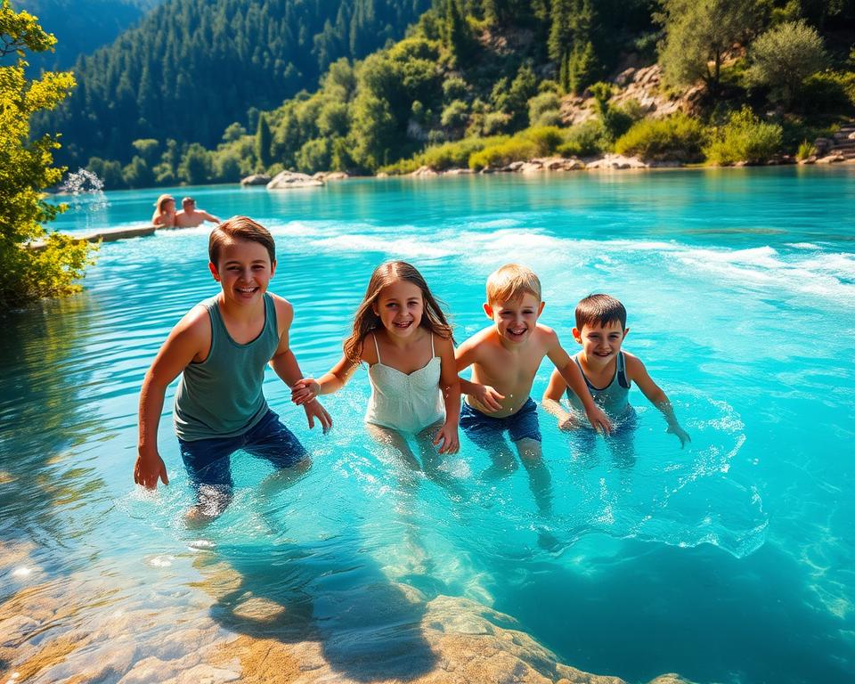 A serene landscape showcasing the stunning Blue Eye natural spring in Albania, surrounded by lush greenery. In the foreground, a family of four, including two cheerful children, is playfully engaging with the crystal-clear water, showcasing joy and wonder. The children, dressed in modest casual clothing, splash water and share laughter. In the middle ground, vibrant blue waters of the Blue Eye swirl with hints of turquoise, illuminated by soft sunlight filtering through the trees. The background presents a backdrop of rocky hills and dense forest, adding depth to the scene. The mood is warm and inviting, epitomizing a perfect family outing in nature. The lighting is bright and cheerful, capturing the essence of a beautiful day outdoors, shot from a slightly elevated angle to encompass the entire scene. A serene landscape showcasing the stunning Blue Eye natural spring in Albania, surrounded by lush greenery. In the foreground, a family of four, including two cheerful children, is playfully engaging with the crystal-clear water, showcasing joy and wonder. The children, dressed in modest casual clothing, splash water and share laughter. In the middle ground, vibrant blue waters of the Blue Eye swirl with hints of turquoise, illuminated by soft sunlight filtering through the trees. The background presents a backdrop of rocky hills and dense forest, adding depth to the scene. The mood is warm and inviting, epitomizing a perfect family outing in nature. The lighting is bright and cheerful, capturing the essence of a beautiful day outdoors, shot from a slightly elevated angle to encompass the entire scene.