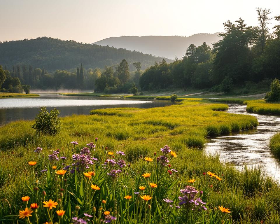 A serene natural landscape of Butrint National Park, showcasing a tranquil lake bordered by lush greenery and a winding canal that flows gracefully through the scene. In the foreground, vibrant wildflowers bloom along the water's edge, adding color and a sense of life. The middle ground features a dense forest of tall, majestic trees, their leaves gently swaying in the breeze. In the background, the outline of a distant hill adds depth, partially obscured by a soft morning mist. The lighting is warm and inviting, reminiscent of golden hour just before sunset, casting long shadows and enhancing the vivid colors of the landscape. The atmosphere is peaceful, embodying the essence of a natural paradise, inviting exploration and reflection. A serene natural landscape of Butrint National Park, showcasing a tranquil lake bordered by lush greenery and a winding canal that flows gracefully through the scene. In the foreground, vibrant wildflowers bloom along the water's edge, adding color and a sense of life. The middle ground features a dense forest of tall, majestic trees, their leaves gently swaying in the breeze. In the background, the outline of a distant hill adds depth, partially obscured by a soft morning mist. The lighting is warm and inviting, reminiscent of golden hour just before sunset, casting long shadows and enhancing the vivid colors of the landscape. The atmosphere is peaceful, embodying the essence of a natural paradise, inviting exploration and reflection.