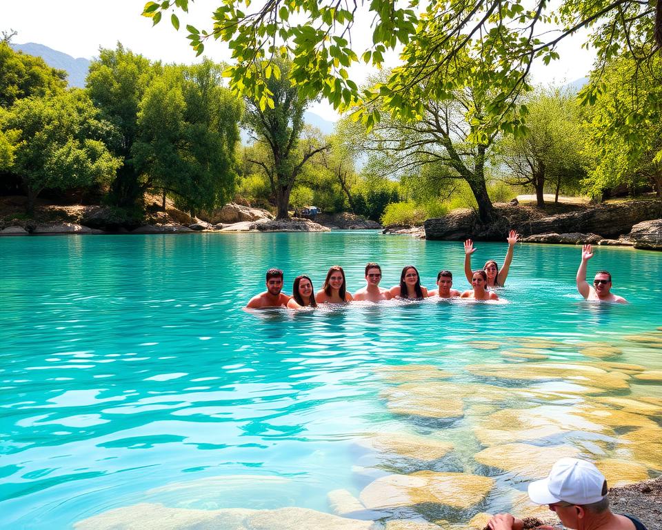 A serene scene at Blue Eye, Albania, showcasing its stunning turquoise water and lush surrounding greenery. In the foreground, a clear, inviting section of the water reflects the vibrant colors of the landscape. A group of diverse individuals is enjoying a refreshing swim, dressed in modest casual clothing, capturing the joy of the experience. The middle ground features natural rock formations around the water’s edge, enhancing the feeling of tranquility. In the background, lush trees and distant hills frame the scene, with soft dappled sunlight filtering through the leaves, creating a warm, inviting atmosphere. The perspective is slightly elevated, offering a panoramic view of this hidden natural wonder, evoking a sense of adventure and relaxation. A serene scene at Blue Eye, Albania, showcasing its stunning turquoise water and lush surrounding greenery. In the foreground, a clear, inviting section of the water reflects the vibrant colors of the landscape. A group of diverse individuals is enjoying a refreshing swim, dressed in modest casual clothing, capturing the joy of the experience. The middle ground features natural rock formations around the water’s edge, enhancing the feeling of tranquility. In the background, lush trees and distant hills frame the scene, with soft dappled sunlight filtering through the leaves, creating a warm, inviting atmosphere. The perspective is slightly elevated, offering a panoramic view of this hidden natural wonder, evoking a sense of adventure and relaxation.