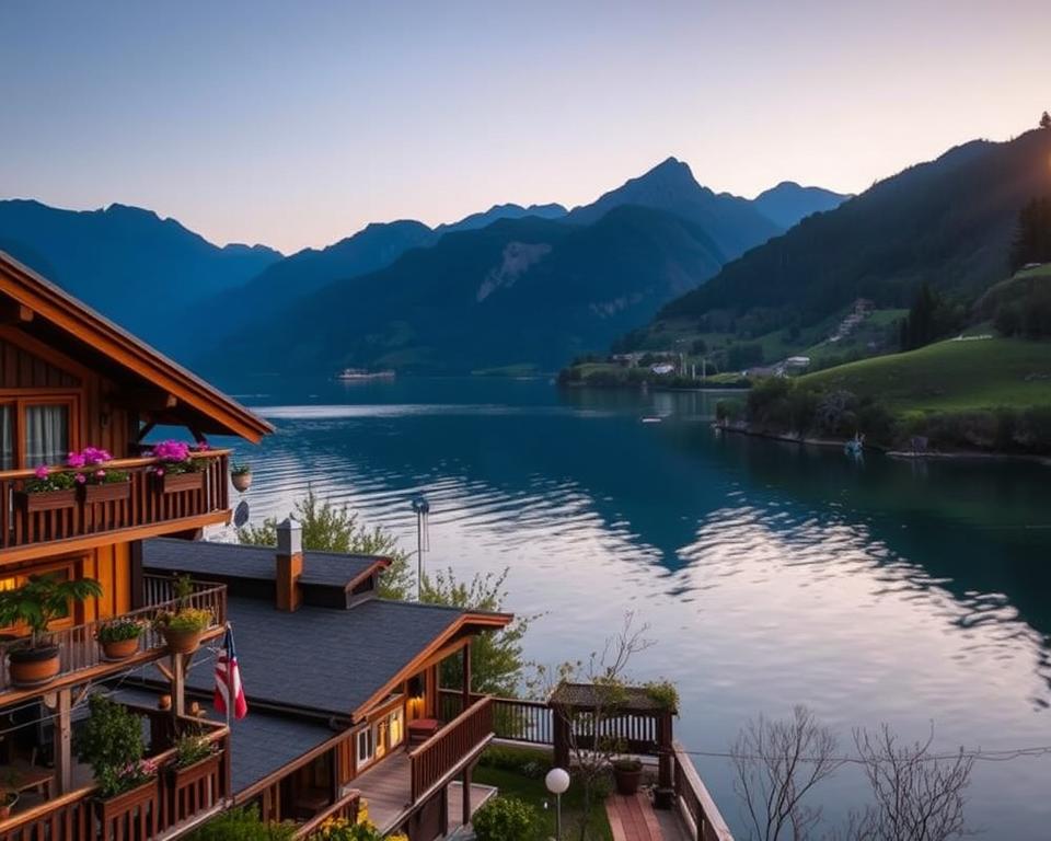 A serene scene of Komani Lake at dusk, highlighting cozy accommodations along the water’s edge. In the foreground, a rustic guesthouse with wooden balconies adorned with potted flowers, evoking a warm invitation. The middle ground features the calm, crystal-clear waters reflecting the stunning mountainous landscape, lush greenery, and gentle slopes surrounding the lake. Soft, golden light illuminates the scene as the sun sets, casting enchanting shadows on the tranquil water. In the background, majestic mountains rise dramatically against the deepening twilight sky, enhancing the natural beauty of the setting. The atmosphere is peaceful and inviting, perfect for a relaxing retreat in nature, showcasing the allure of staying near the breathtaking Komani Lake. A serene scene of Komani Lake at dusk, highlighting cozy accommodations along the water’s edge. In the foreground, a rustic guesthouse with wooden balconies adorned with potted flowers, evoking a warm invitation. The middle ground features the calm, crystal-clear waters reflecting the stunning mountainous landscape, lush greenery, and gentle slopes surrounding the lake. Soft, golden light illuminates the scene as the sun sets, casting enchanting shadows on the tranquil water. In the background, majestic mountains rise dramatically against the deepening twilight sky, enhancing the natural beauty of the setting. The atmosphere is peaceful and inviting, perfect for a relaxing retreat in nature, showcasing the allure of staying near the breathtaking Komani Lake.