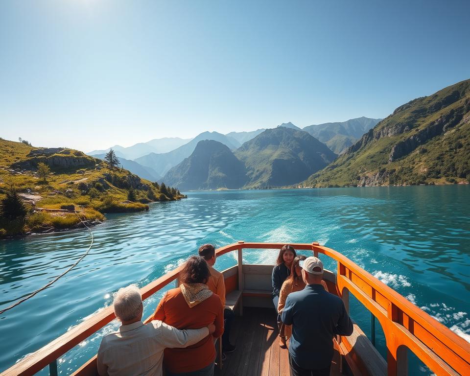 A serene view of Komani Lake Fähre, showcasing a picturesque ferry gliding across the pristine turquoise waters of the lake. In the foreground, the ferry is detailed with vibrant colors and a rustic design, carrying passengers in modest casual clothing. The middle ground features lush green hills and steep rocky cliffs, dotted with wildflowers and scattered trees, while the background reveals distant mountains shrouded in soft mist under a clear blue sky. The lighting is warm and golden, suggesting a late afternoon sun that casts gentle reflections on the water's surface. Capture the tranquil and immersive atmosphere of this breathtaking natural gem, inviting viewers to experience the beauty of Komani Lake. A serene view of Komani Lake Fähre, showcasing a picturesque ferry gliding across the pristine turquoise waters of the lake. In the foreground, the ferry is detailed with vibrant colors and a rustic design, carrying passengers in modest casual clothing. The middle ground features lush green hills and steep rocky cliffs, dotted with wildflowers and scattered trees, while the background reveals distant mountains shrouded in soft mist under a clear blue sky. The lighting is warm and golden, suggesting a late afternoon sun that casts gentle reflections on the water's surface. Capture the tranquil and immersive atmosphere of this breathtaking natural gem, inviting viewers to experience the beauty of Komani Lake.