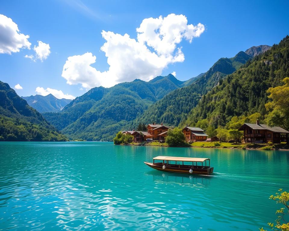 A serene view of Komani Lake in Albania, showcasing its stunning turquoise waters surrounded by lush, green mountains. In the foreground, depict a small eco-friendly boat sailing peacefully on the lake, emphasizing sustainable travel. The middle ground features picturesque traditional wooden houses with green roofs nestled among the trees, blending harmoniously with the environment. In the background, towering mountains rise under a clear blue sky, with soft, dappled sunlight filtering through fluffy white clouds. The atmosphere is tranquil and inviting, capturing the essence of nature preservation. Use a wide-angle lens perspective to enhance the grandeur of the landscape, and allow for soft lighting that highlights the vibrant colors of the foliage and water. The overall mood should evoke peace and appreciation for natural beauty. A serene view of Komani Lake in Albania, showcasing its stunning turquoise waters surrounded by lush, green mountains. In the foreground, depict a small eco-friendly boat sailing peacefully on the lake, emphasizing sustainable travel. The middle ground features picturesque traditional wooden houses with green roofs nestled among the trees, blending harmoniously with the environment. In the background, towering mountains rise under a clear blue sky, with soft, dappled sunlight filtering through fluffy white clouds. The atmosphere is tranquil and inviting, capturing the essence of nature preservation. Use a wide-angle lens perspective to enhance the grandeur of the landscape, and allow for soft lighting that highlights the vibrant colors of the foliage and water. The overall mood should evoke peace and appreciation for natural beauty.