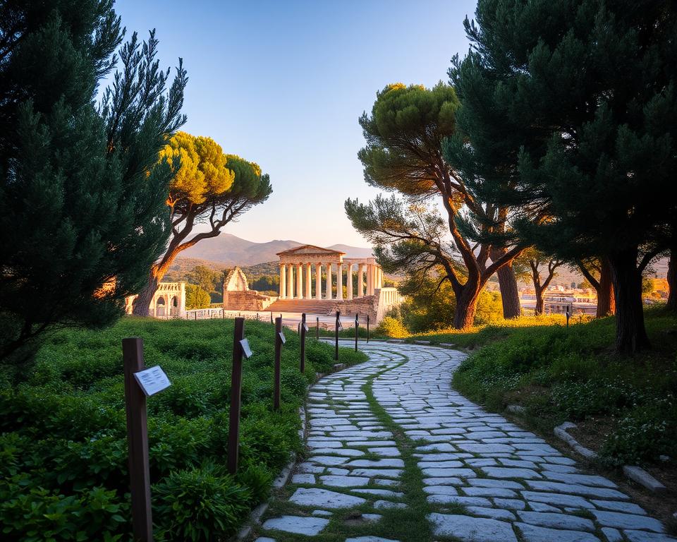 A serene view of the Butrint National Park, encapsulating its historical significance and natural beauty. In the foreground, a well-maintained stone pathway leads through lush green vegetation, inviting visitors. Scattered throughout, small wooden signs provide practical information for visitors, blending harmoniously with the surroundings. In the middle ground, ancient ruins of the Roman theater and basilica can be seen, showcasing the park’s historical architecture, basking in soft, warm sunlight. Towering trees surround the ruins, their leaves gently swaying in a mild breeze. In the background, distant hills elevate the scene under a clear blue sky, contributing to a tranquil atmosphere. Capture this scene from a slightly elevated angle, utilizing soft natural lighting to emphasize the serenity and inviting nature of the park. A serene view of the Butrint National Park, encapsulating its historical significance and natural beauty. In the foreground, a well-maintained stone pathway leads through lush green vegetation, inviting visitors. Scattered throughout, small wooden signs provide practical information for visitors, blending harmoniously with the surroundings. In the middle ground, ancient ruins of the Roman theater and basilica can be seen, showcasing the park’s historical architecture, basking in soft, warm sunlight. Towering trees surround the ruins, their leaves gently swaying in a mild breeze. In the background, distant hills elevate the scene under a clear blue sky, contributing to a tranquil atmosphere. Capture this scene from a slightly elevated angle, utilizing soft natural lighting to emphasize the serenity and inviting nature of the park.