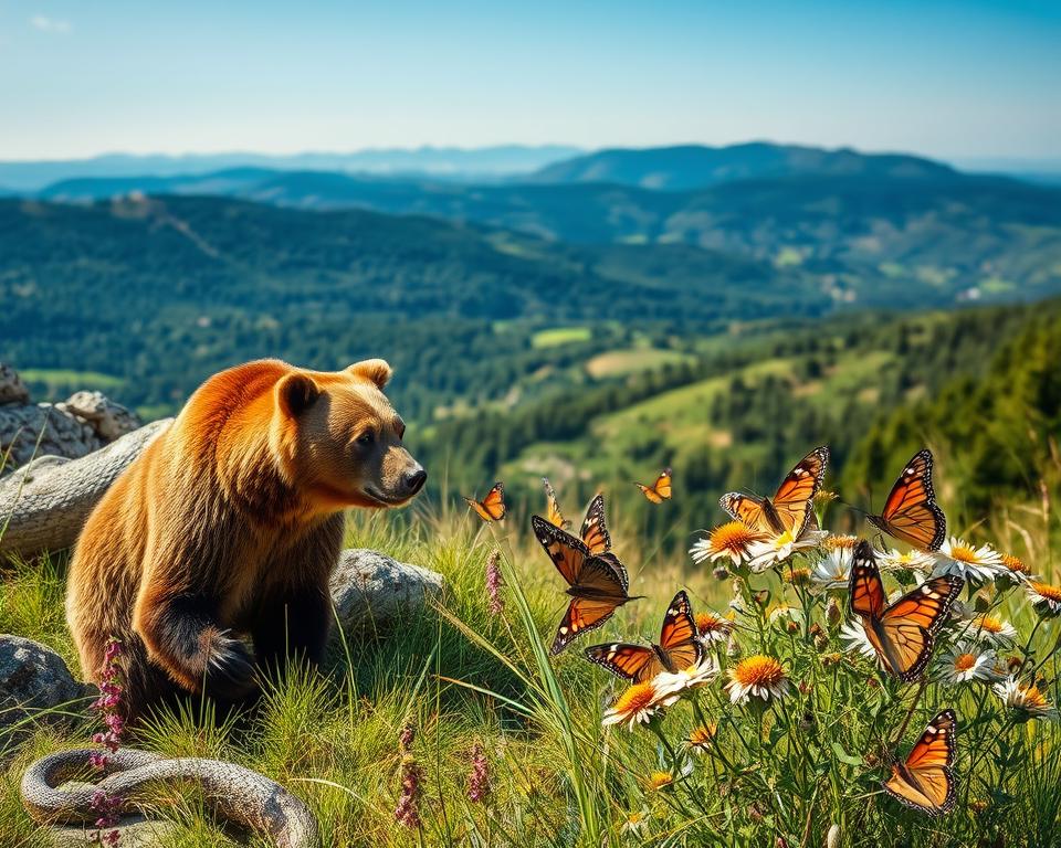A striking scene depicting dangerous animals in Albania, showcasing a vibrant Albanian landscape. In the foreground, a fierce brown bear crouches next to a rocky outcrop, its fur glistening under the warm sunlight. Nearby, a venomous snake silently slithers through the tall grass, poised and alert. In the middle ground, an array of colorful butterflies flutters around a cluster of wildflowers, contrasting with the tension of the dangerous wildlife. In the background, rolling hills and dense forests stretch under a clear blue sky, evoking a sense of wild beauty. The lighting is bright and natural, casting soft shadows and highlighting the details of the animals and their environment. The overall mood is one of awe and caution, emphasizing the beauty and potential danger of Albania's wildlife.