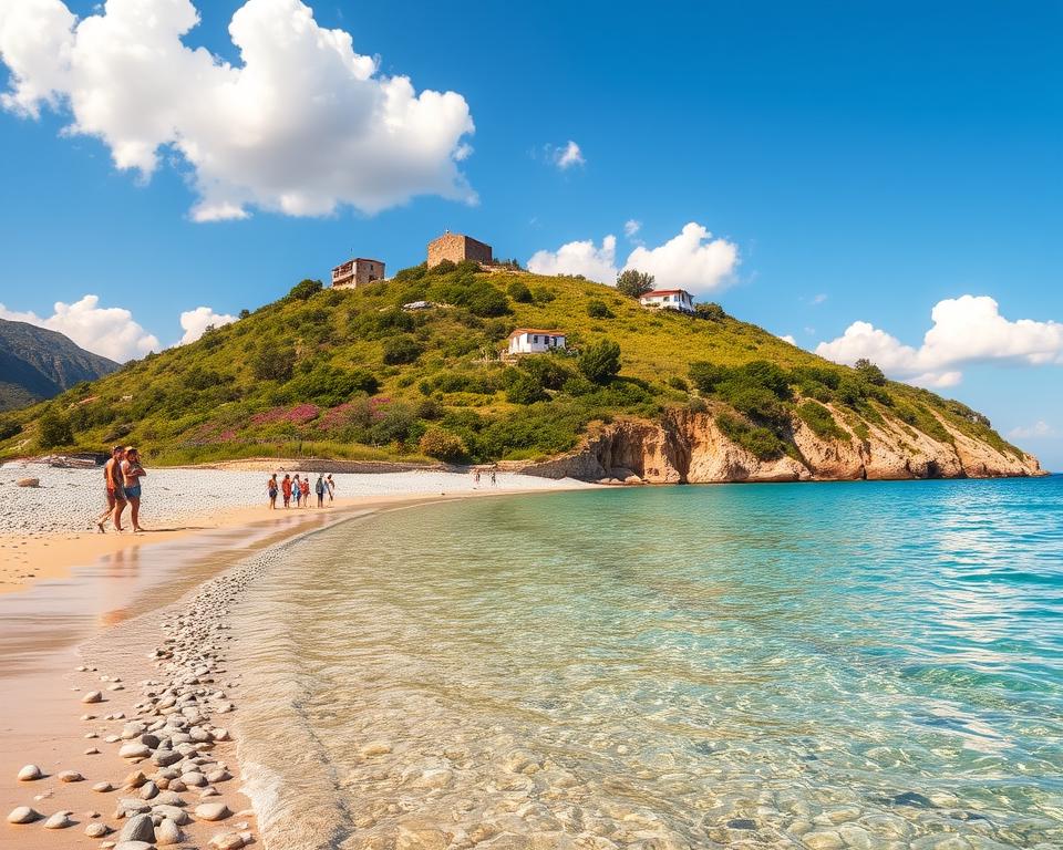 A stunning coastal landscape showcasing the beaches of the Albanian Riviera, specifically near Himara and Dhërmi. In the foreground, clear turquoise waters gently caress the sandy beach, dotted with smooth pebbles. Some modestly dressed beachgoers stroll along the shore, enjoying the sunny day. In the middle ground, lush green hills rise steeply from the beach, adorned with vibrant wildflowers and olive trees. The background features a dramatic cliffside with a few charming whitewashed houses perched above, basking in the warm golden sunlight of late afternoon. The sky is a brilliant blue, sprinkled with fluffy white clouds, adding to the serene and inviting atmosphere of this picturesque seaside location. The image captures a tranquil moment in nature, emphasizing the beauty and allure of Albania's scenic coastline.