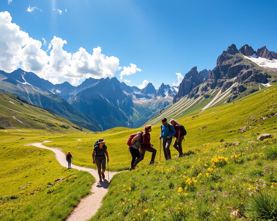 A stunning mountainous landscape depicting Theth, Albania, showcasing the breathtaking beauty of the area during a clear, sunny day. In the foreground, a winding hiking trail leads through vibrant green meadows dotted with colorful wildflowers, inviting viewers to explore. Midground features a group of modestly dressed hikers, equipped with sturdy backpacks, taking a moment to soak in the panoramic views of the rugged peaks adorned with patches of snow. In the background, dramatic mountain silhouettes rise against a bright blue sky with fluffy white clouds. Soft, natural lighting enhances the scene, illuminating the hikers' joyful expressions, and casting gentle shadows on the terrain. The atmosphere is peaceful and inspiring, evoking a sense of adventure and tranquility, perfect for anyone dreaming of an unforgettable hiking experience in the mountains.