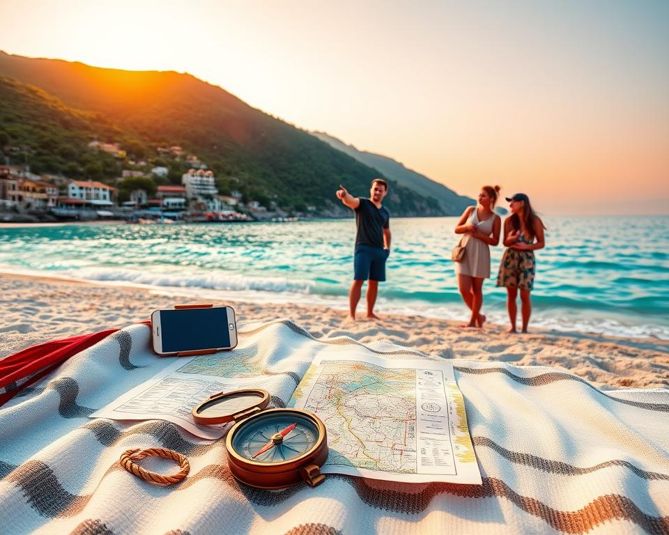 A stunning panoramic view of the Albanian coastline, featuring crystal-clear turquoise waters lapping against pristine sandy beaches. In the foreground, a well-planned travel itinerary sprawls across a beach towel, with a vintage compass and a smartphone displaying a map app. In the middle ground, a group of travelers in modest casual clothing excitedly discusses their plans, pointing towards the horizon where the sun sets in vibrant oranges and pinks. The background showcases lush green hills climbing down towards the sea, with traditional Mediterranean-style houses dotting the landscape. The scene is bathed in warm, golden sunlight, creating a cheerful and adventurous atmosphere, reminiscent of a perfect travel getaway. A wide-angle lens captures the expansive beauty of the coastline, inviting viewers to envision their journey to Albania’s stunning beaches.