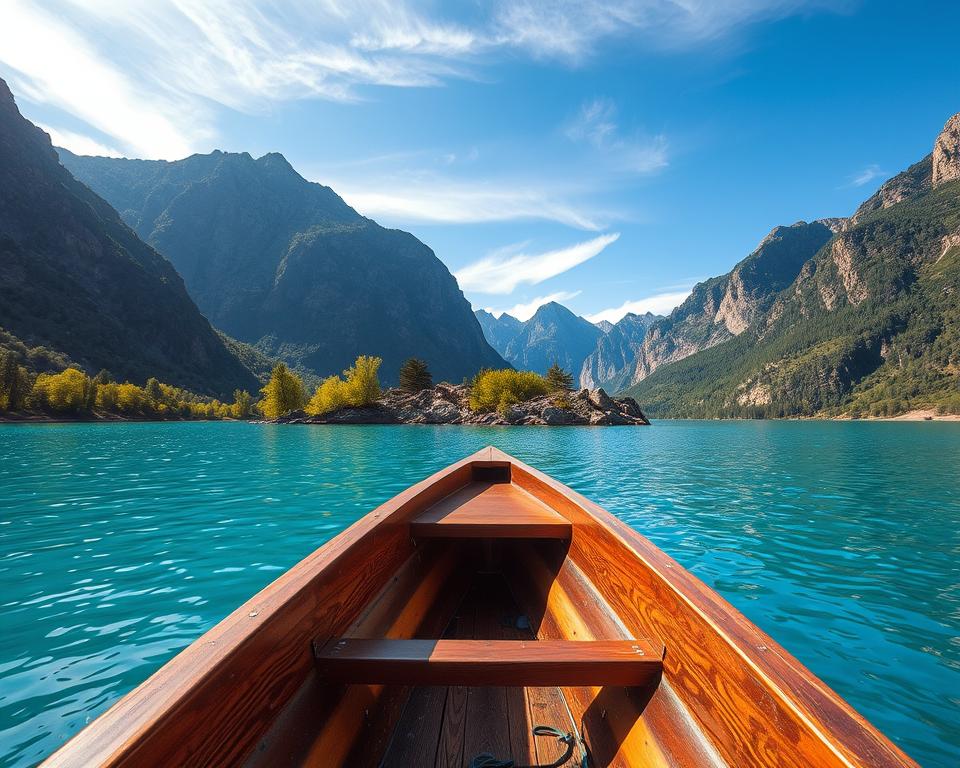 A stunning view of Komani Lake in Albania, showcasing the serene turquoise waters surrounded by dramatic, steep mountains. In the foreground, focus on a picturesque wooden boat gently floating, reflecting the vibrant colors of the lake. The middle ground features lush green trees and rocky outcrops, while the background reveals towering mountains under a clear blue sky, with wisps of white clouds drifting above. The scene is illuminated by warm, golden sunlight, creating a tranquil and inviting atmosphere. Capture this tranquil moment with a wide-angle lens to emphasize the lake’s expansive beauty and the surrounding natural landscape, evoking a sense of peace and adventure—perfect for those preparing for a journey. A stunning view of Komani Lake in Albania, showcasing the serene turquoise waters surrounded by dramatic, steep mountains. In the foreground, focus on a picturesque wooden boat gently floating, reflecting the vibrant colors of the lake. The middle ground features lush green trees and rocky outcrops, while the background reveals towering mountains under a clear blue sky, with wisps of white clouds drifting above. The scene is illuminated by warm, golden sunlight, creating a tranquil and inviting atmosphere. Capture this tranquil moment with a wide-angle lens to emphasize the lake’s expansive beauty and the surrounding natural landscape, evoking a sense of peace and adventure—perfect for those preparing for a journey.
